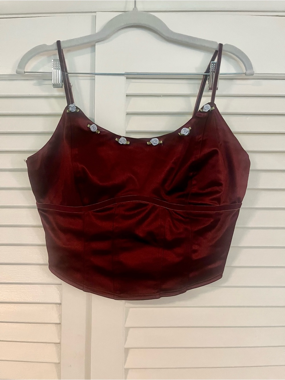 Women's Satin Burgundy Cropped Cami with Floral Trim